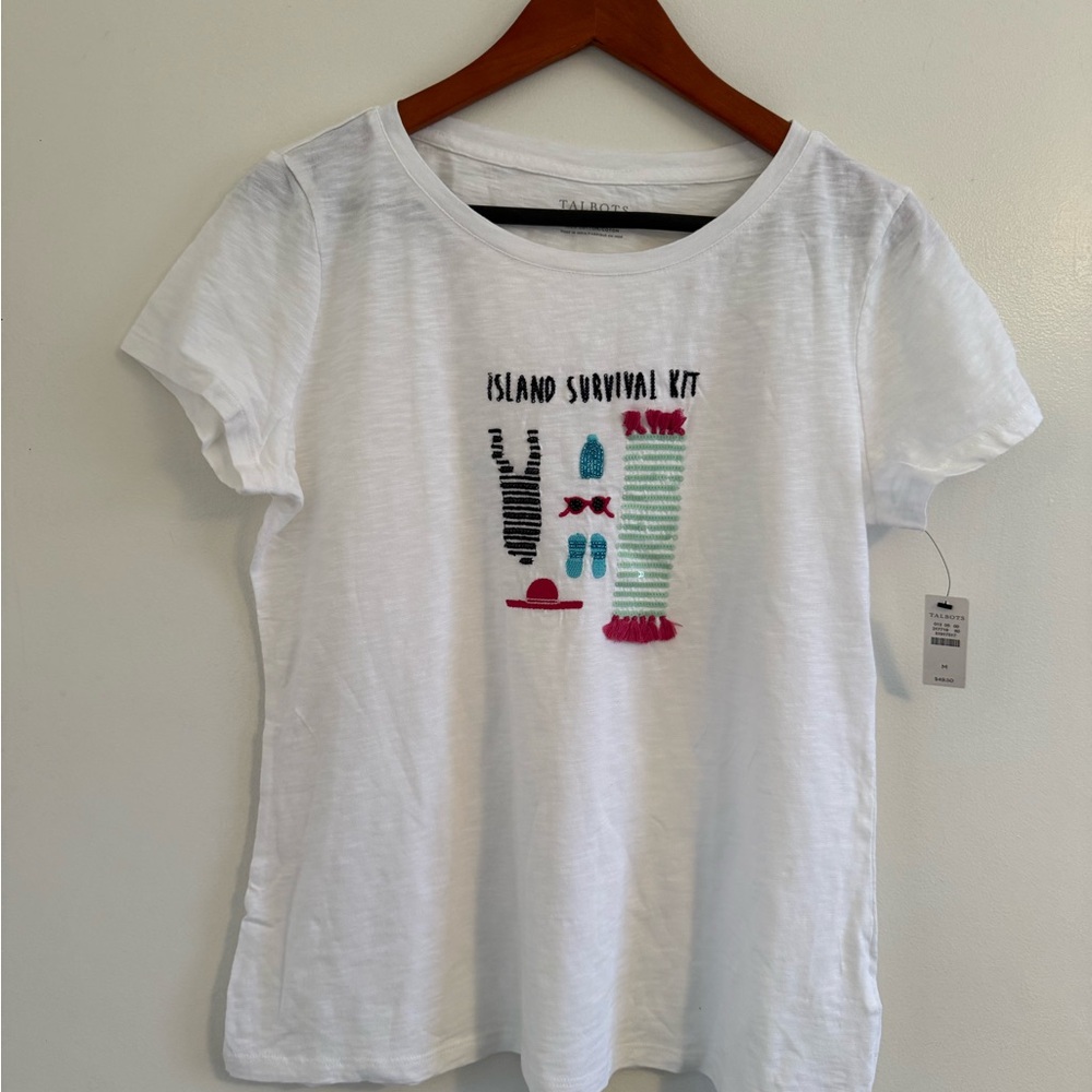 Talbots White Short-Sleeve Tee with Colorful Beach Graphic